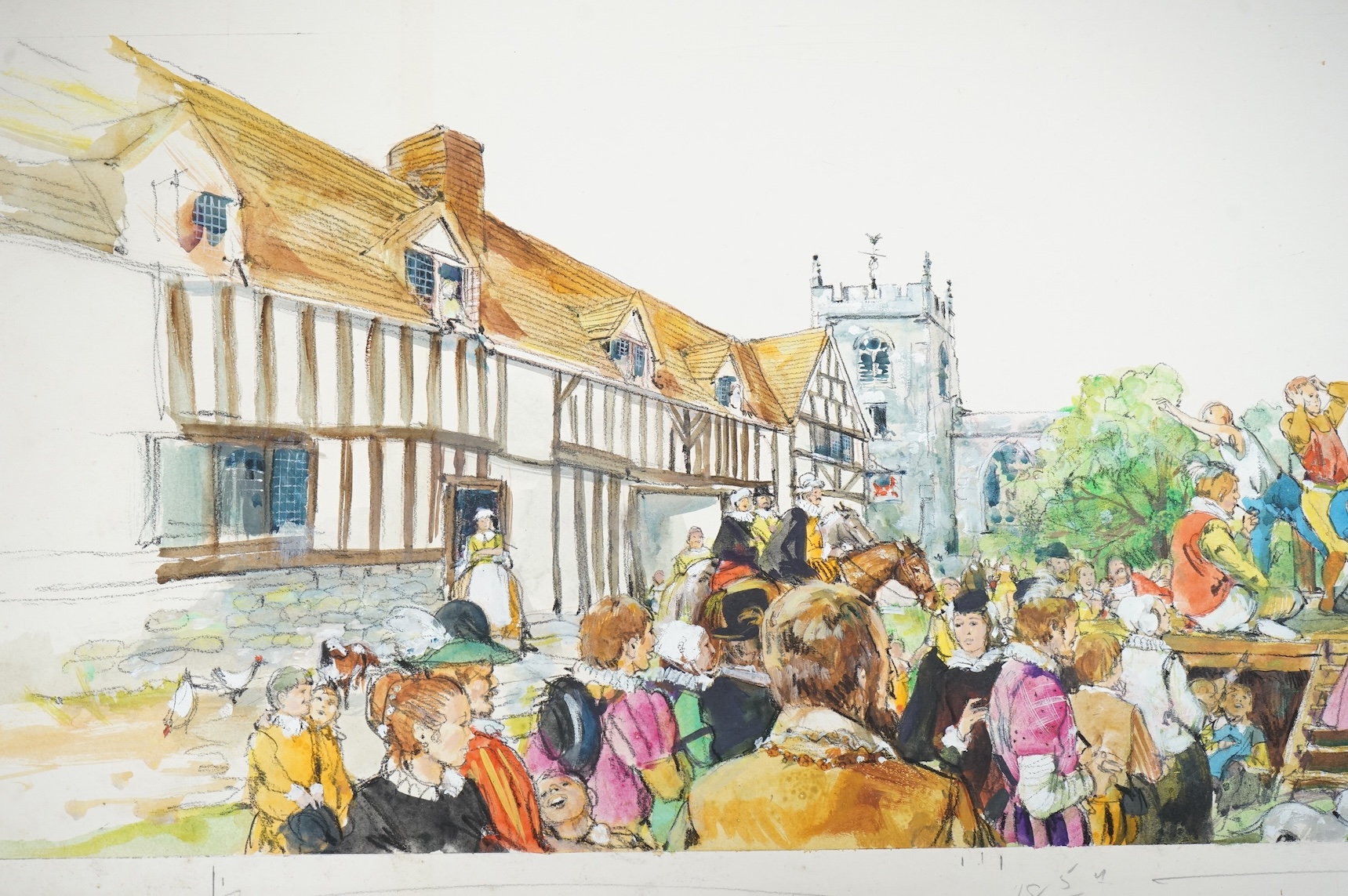 Gordon King, a collection of original illustrations for 'One day in Shakespeare's England' to include a copy of William Shakespeare's signature, The Globe Theatre and figures in 17th century dress, largest 45 x 95cm, unf